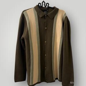 Vans 90s Vintage Men's Sweater L Wool Knit Striped Button Polo Cardigan Green